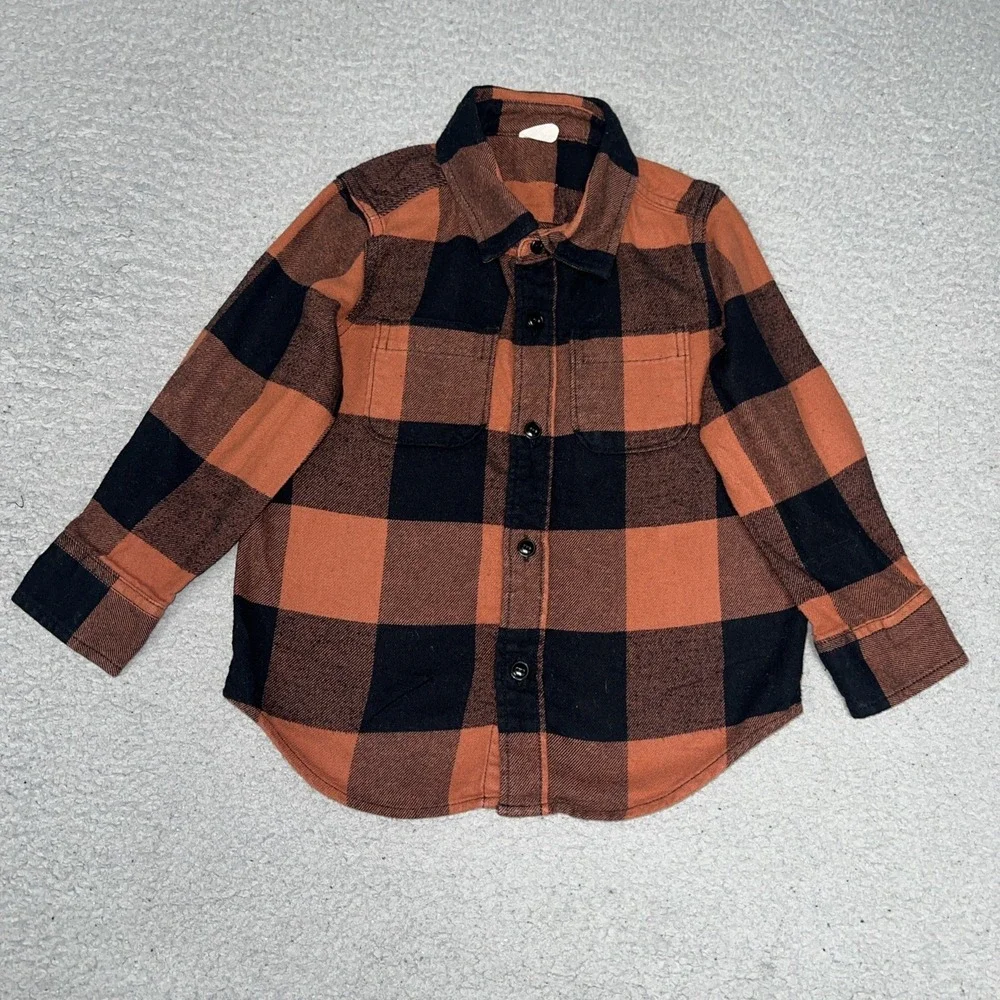 Gap Orgnic Cotton Shirt Toddler Sz 3Yrs Orange Buffalo Plaid Flannel Button Up